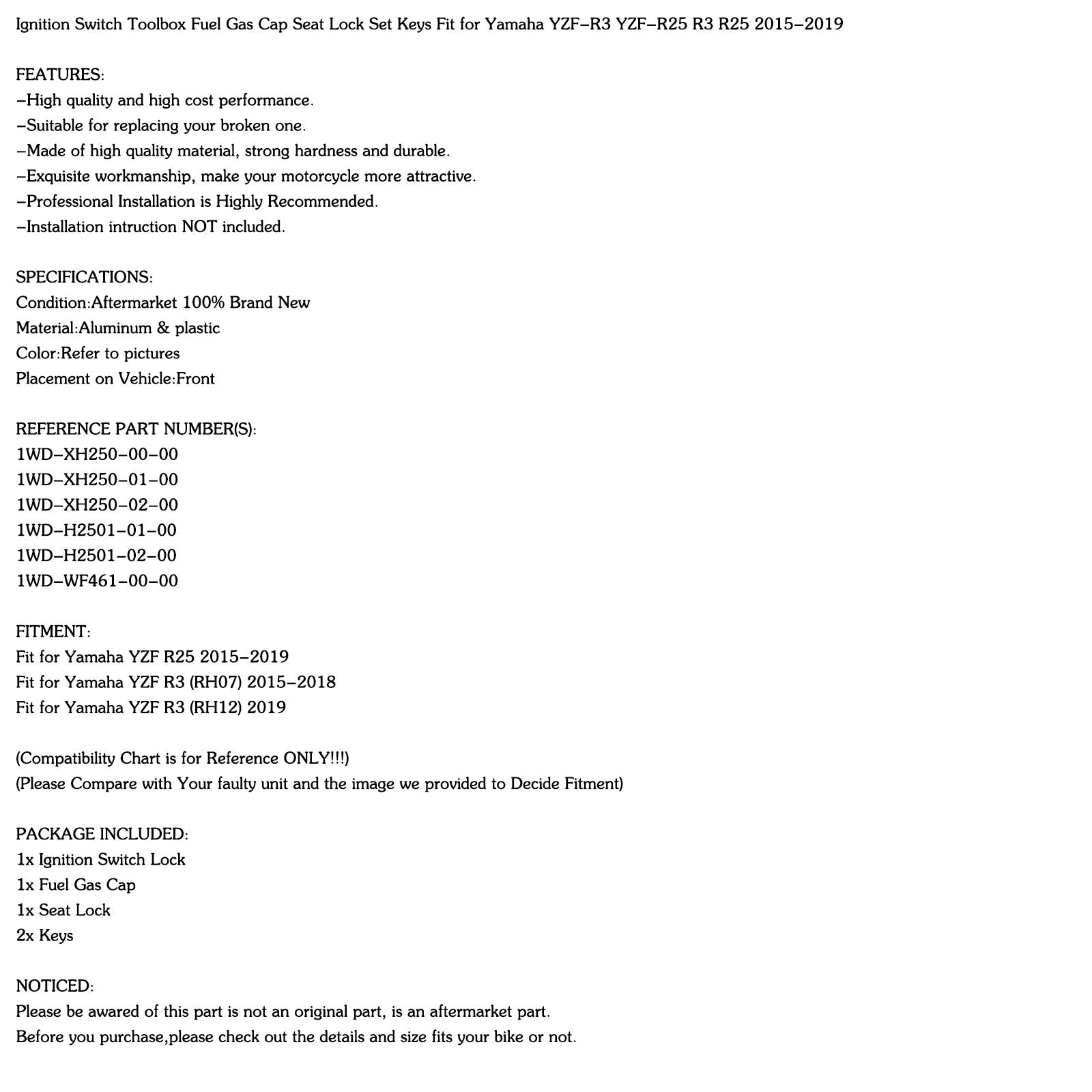Interruptor de ignição Trepa de gás de combustível de trava de assento ajuste para yamaha yzf r3 r25 2015-2019 genérico