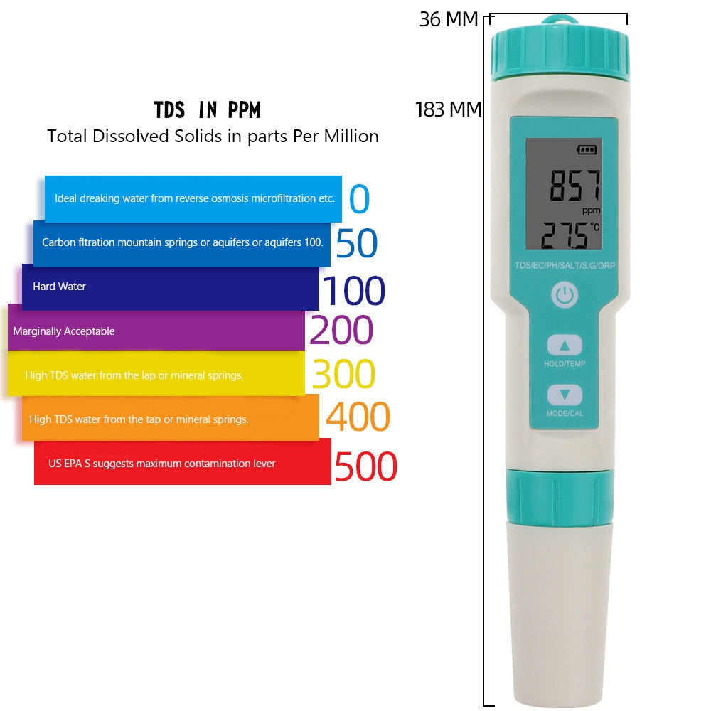 7-in-1 digitale zoutgehalte PH TDS TEMP SG EC ORP-tester Waterkwaliteitsmonitormeter