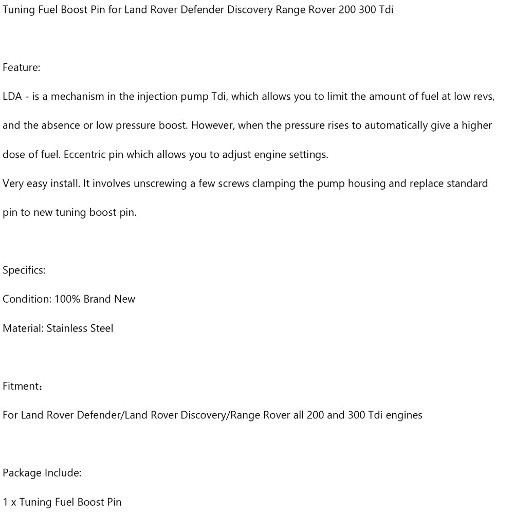 Stämma Fuel Boost Pin för Land Rover Defender Discovery Range Rover 200 300 TDI Generic