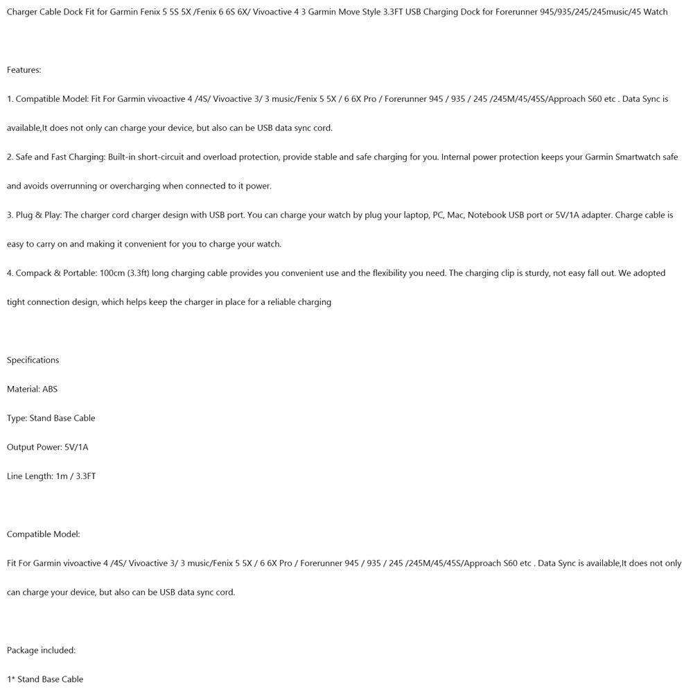 Chargeur de câble de quai de cradle USB Cradle Fit pour Garmin Fenix 5 5S 5X Plus Watch