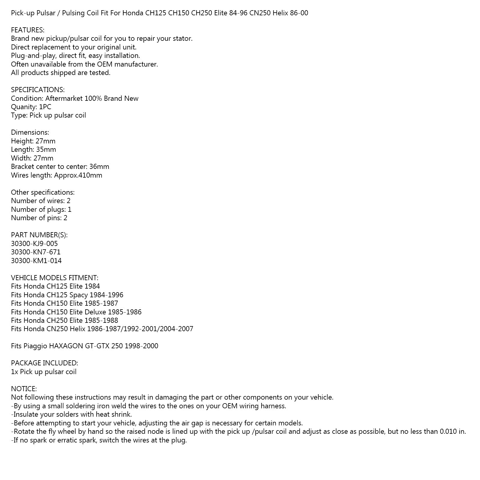 A bobina de captação de pulso do estator se encaixa no Honda 30300-KJ9-005 30300-KN7-671 30300-KM1-014