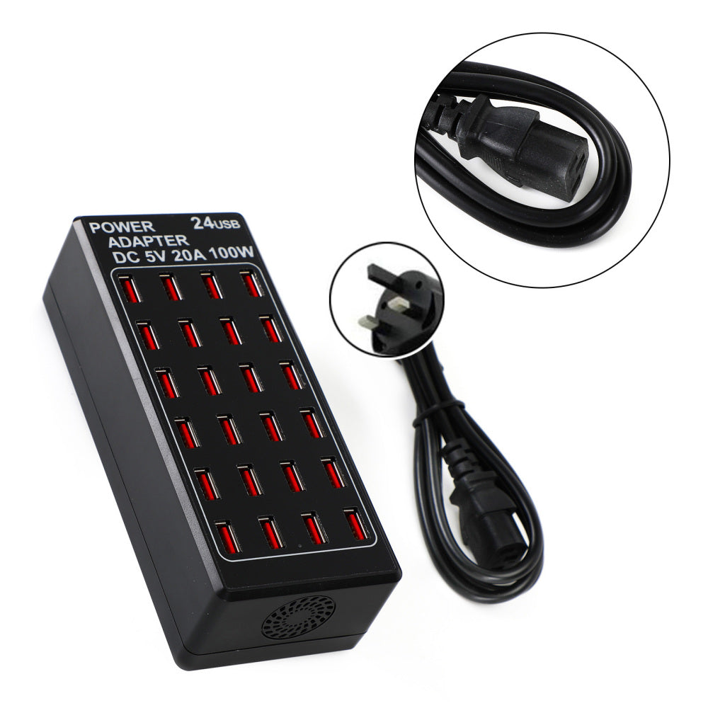 100W 24 (20A) Port USB Rýchle nabíjanie stanice Travel Desktop Rapid nabíjačka UK Plug