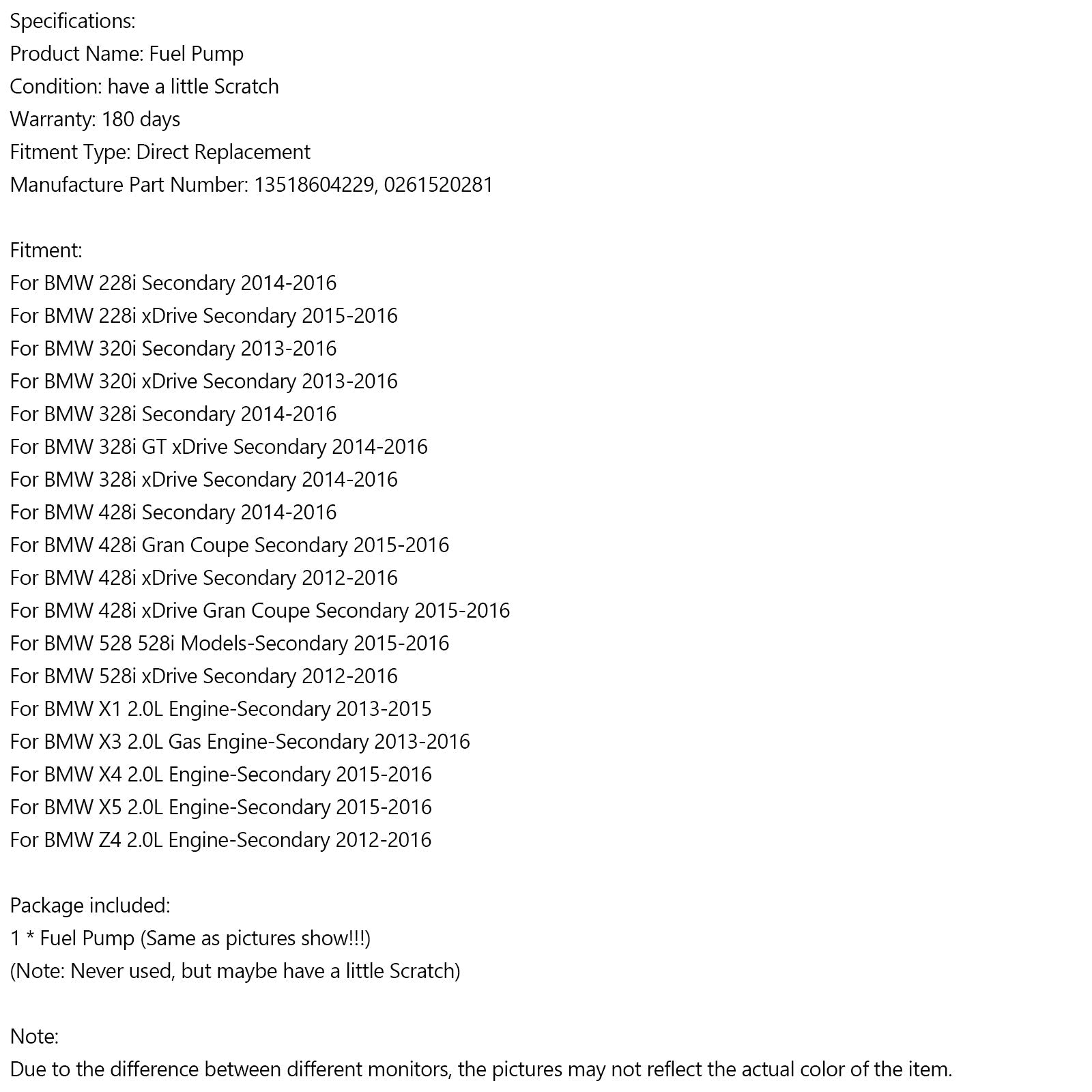 2012-2016 BMW 428i 528i XDRIVE Sekundær Z4 2.0L Høytrykk drivstoffpumpe 13518604229 0261520281