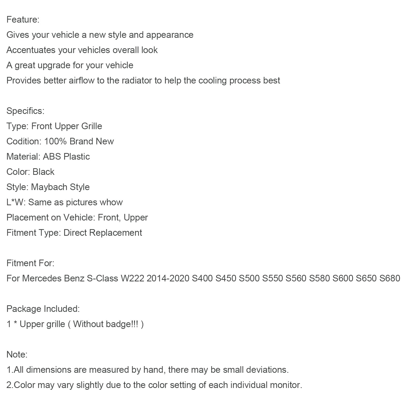 2014-2020 S-klass W222 S500 S550 S600 med ACC Mercedes-Benz frontgrill