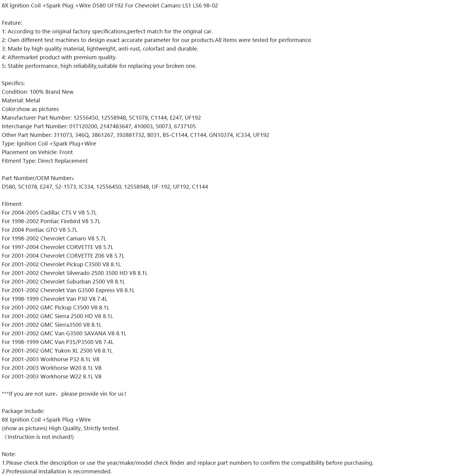 2004-2005 Cadillac CTS V V8 5.7L 8x bobina de lngnition +plugue de ignição +fio D580 UF192