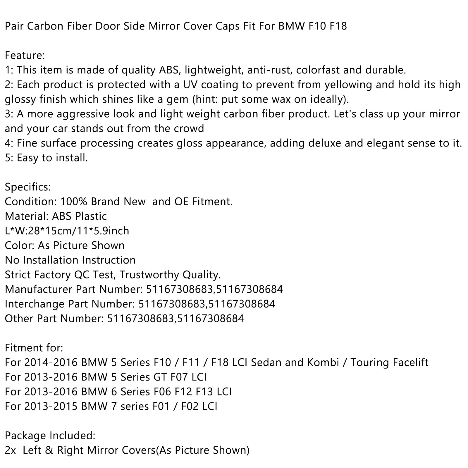 Paar Carbon Fiber Side Achteruitkijkspiegel Cover Caps Voor BMW F10 F18 2014-2016 Generiek