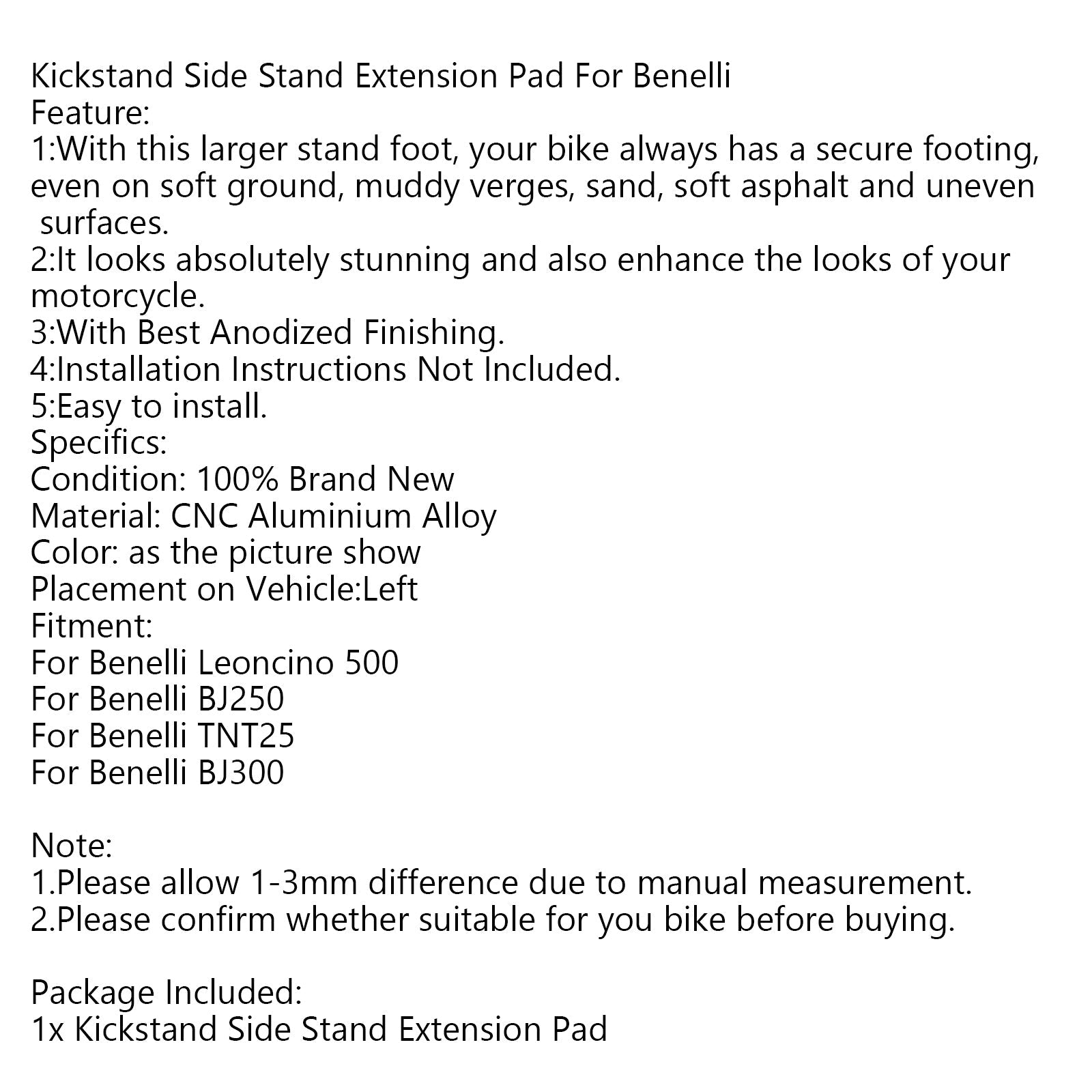 Almohadilla de extensión de soporte lateral para Benelli Leoncino 500 BJ250 TNT25 BJ300 genérico