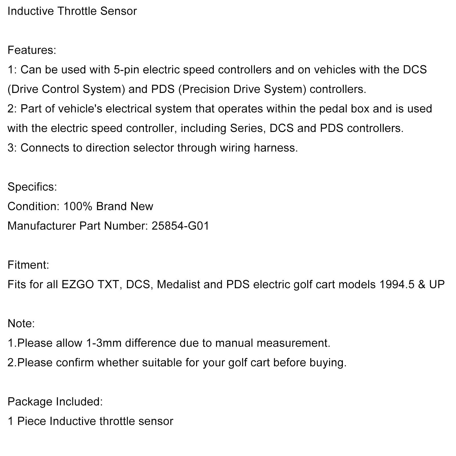 Capteur d'accélérateur inductif DCS pour voiturettes de golf électriques EZGO 25854-G01 94&Up TXT Générique