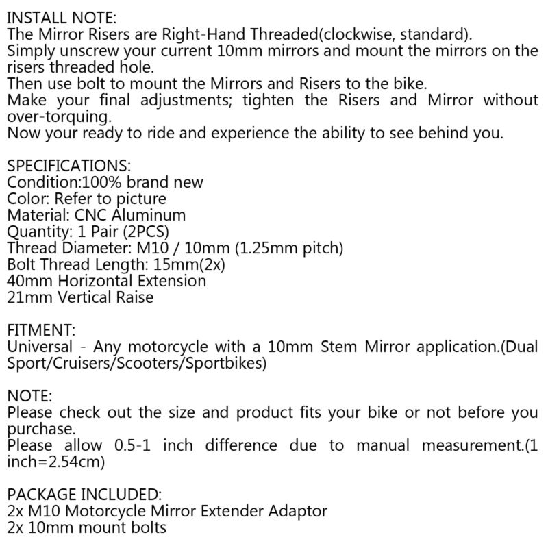 Honda 10mm Pair ALU Motorcycle Mirror Extenders-Riser-Extension Black