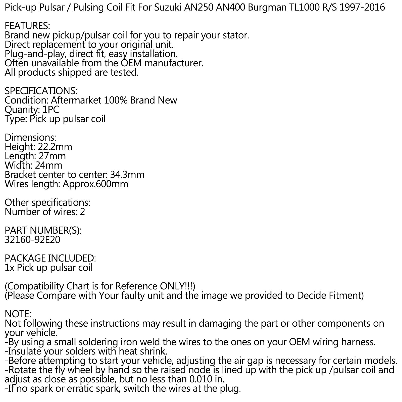 Areyourshop capteur de bobine de collecte d'impulsions de STATOR adapté pour Suzuki TL1000R/S Burgman 250 400 98-2016