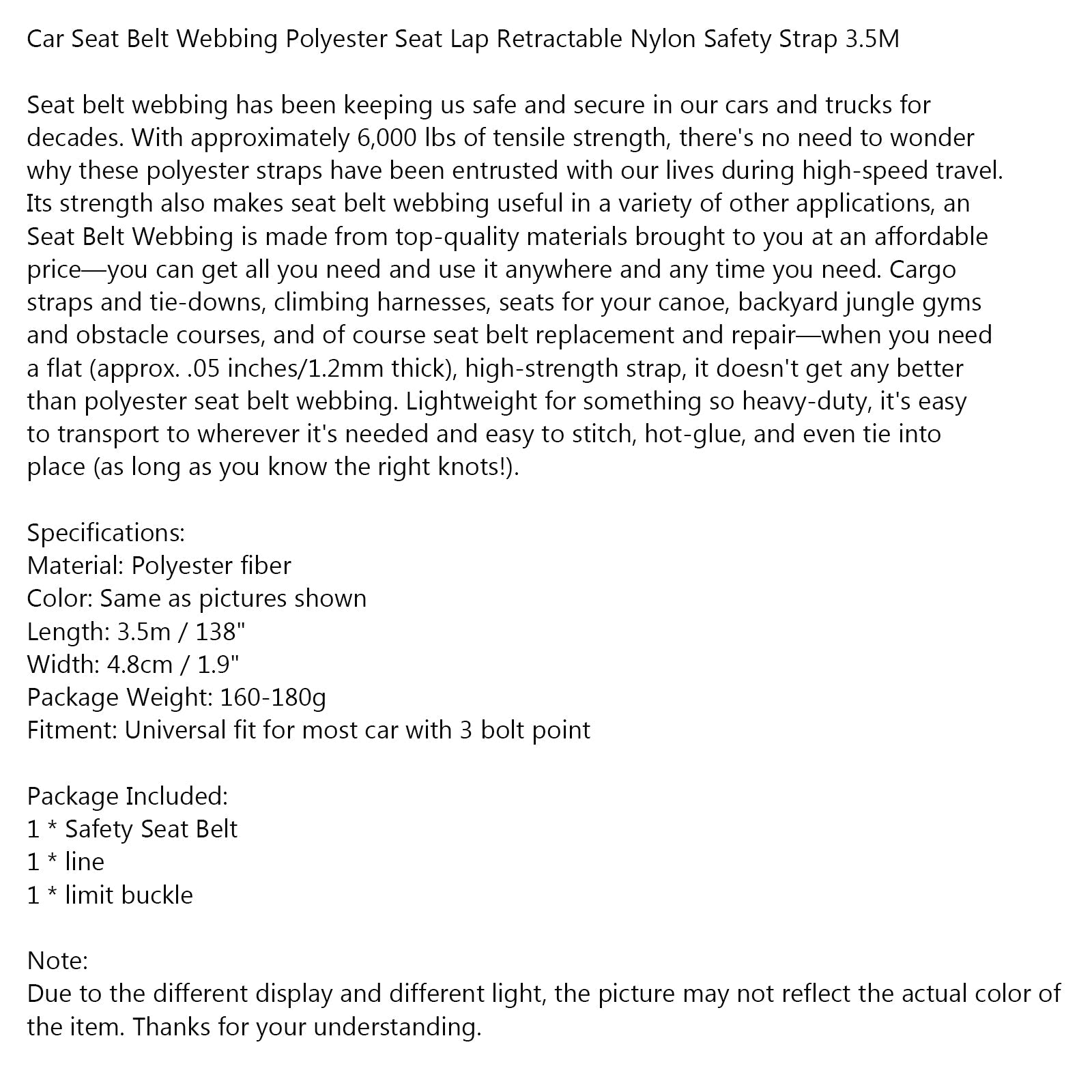 Autosedové bezpečnostné pásové polyesterové kolo sedadla zatiahnuteľné nylonové bezpečnostné remienok 3,5 m všeobecné