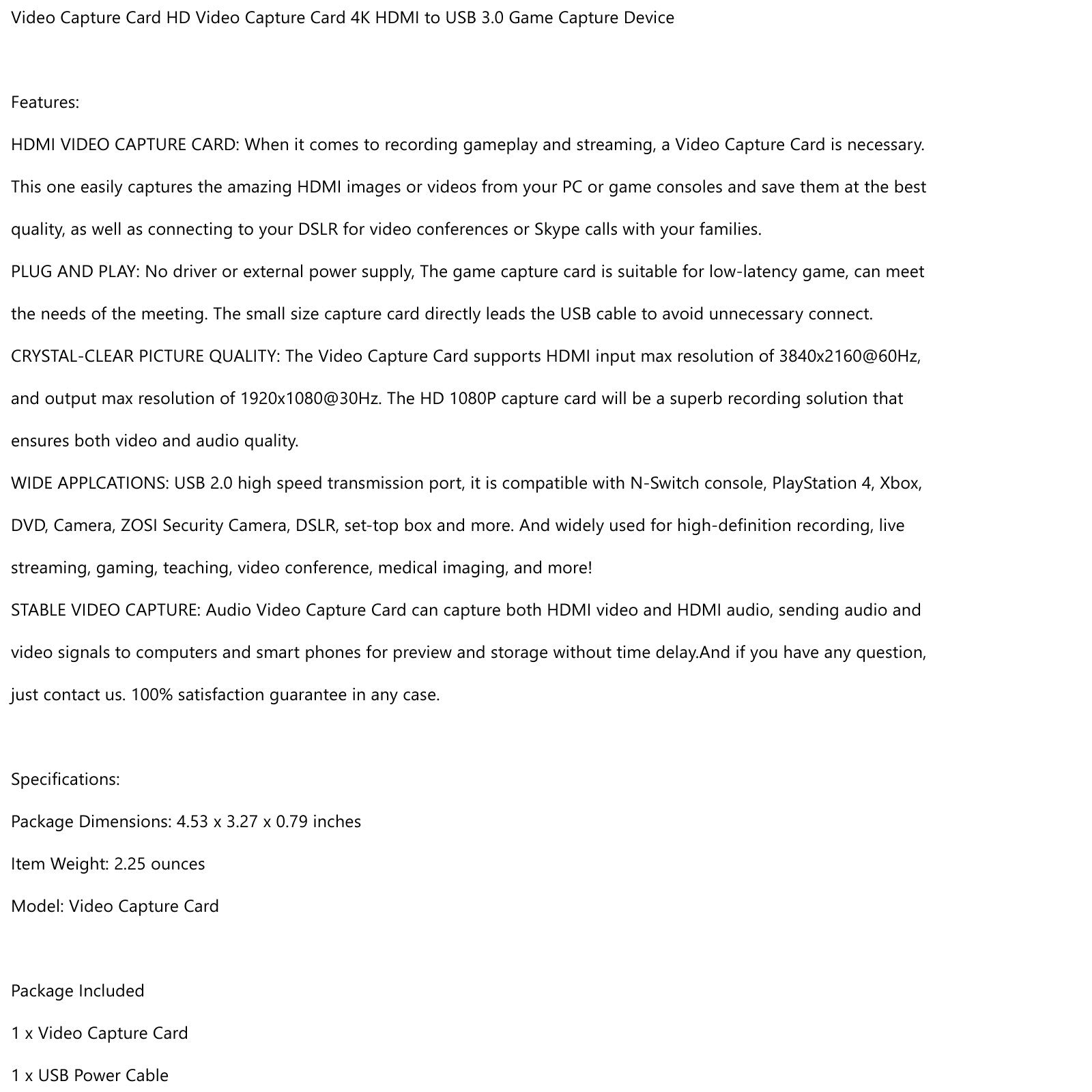 4K 1080P HD a USB 3.0 Dispositivo de tarjeta de captura de video Plug and Play Transmisión en vivo