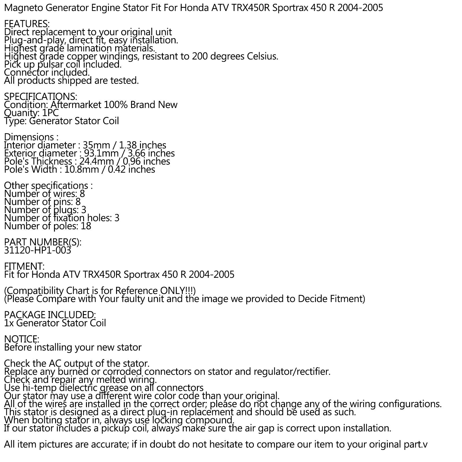 Areyourshop statorgenerator passar för Honda AVT TRX450R Sportrax 450 2004-2005 31120-HP1-003
