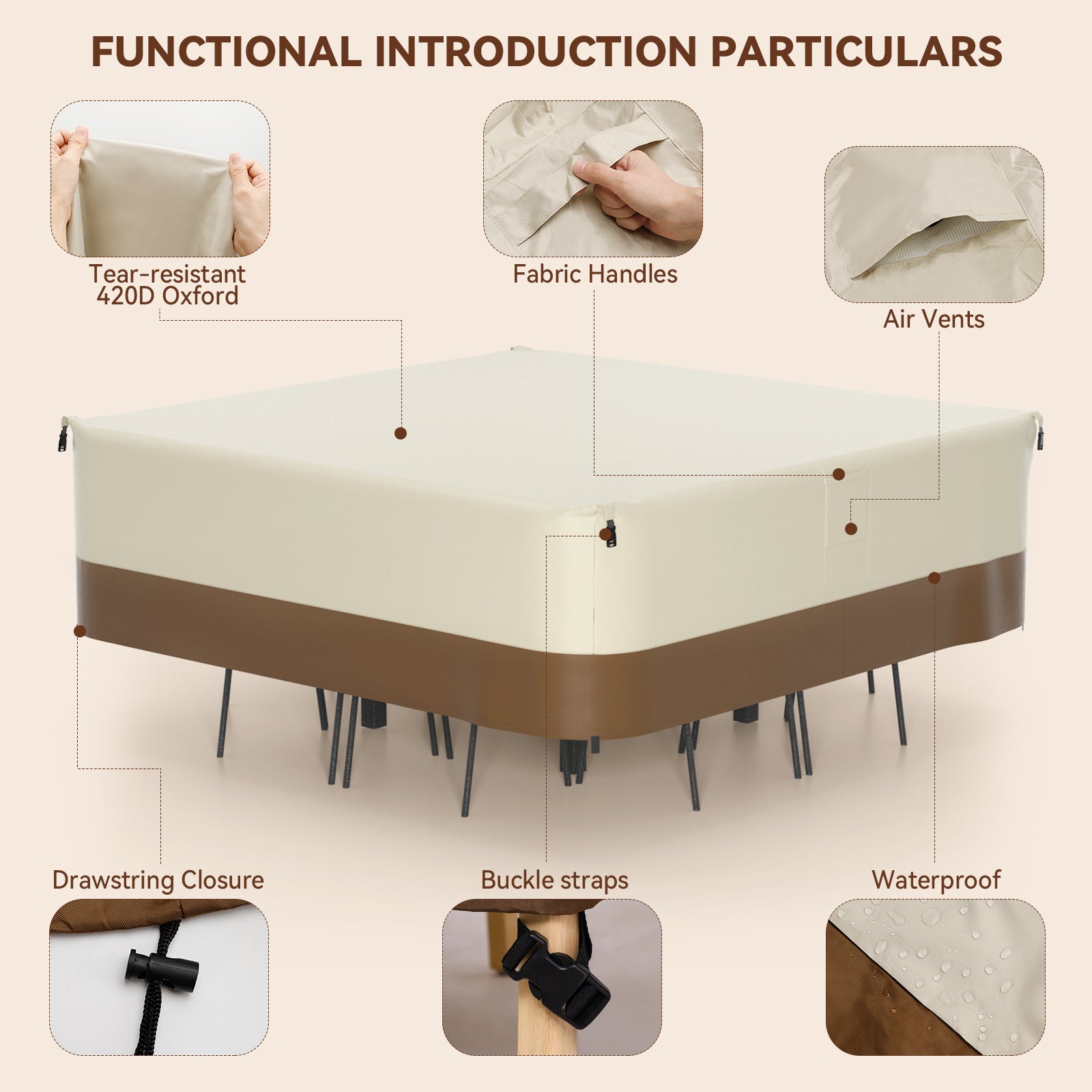 Couverture imperméable carrée de meubles de patio de 420D pour la table et les chaises extérieures