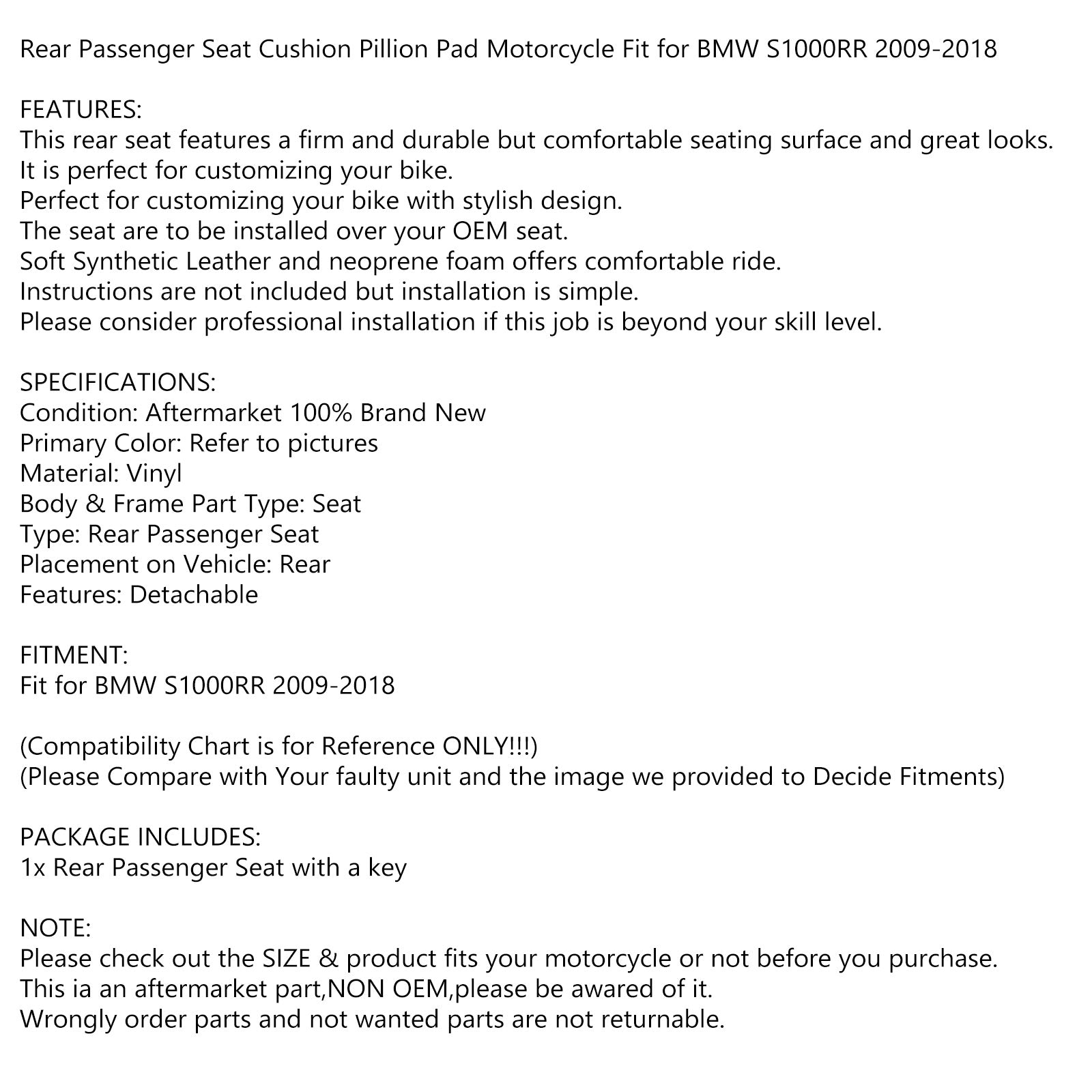 2009-2018 Bmw S1000Rr Asiento Trasero Del Pasajero Sillín Genérico