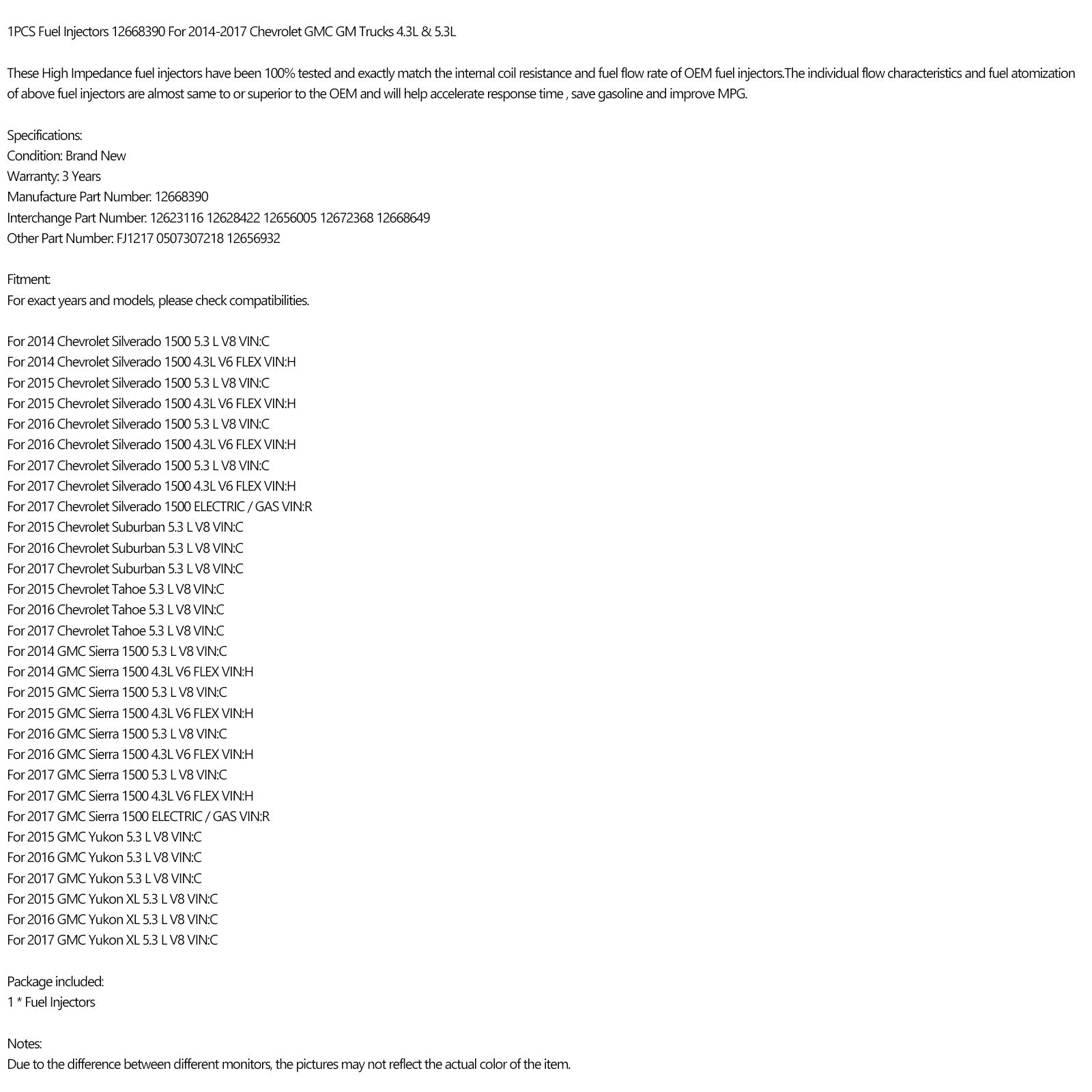 Injecteurs de carburant 12668649 1 pièce pour camions Chevrolet GMC GM 4,3 L 2014-2017 & 5,3 L générique