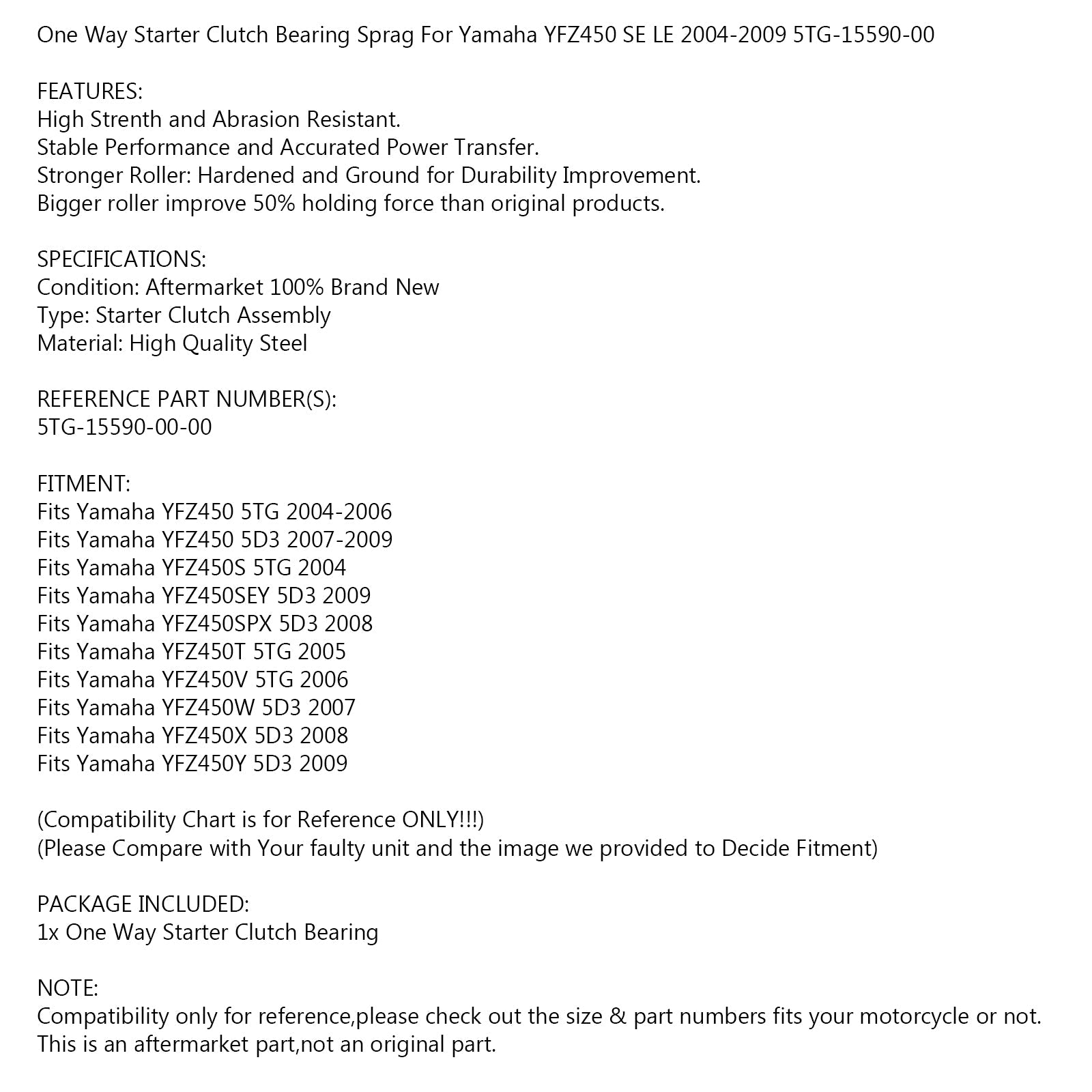 One Way Starter Clutch Bearing Fit for Yamaha YFZ450 Se le 04-2009 5TG-15590-00 Generisk