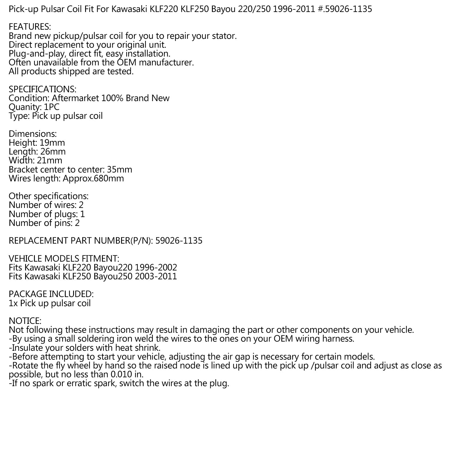 Pulsar/Pulsing Coil för Kawasaki KLF220 Bayou220 96-02 Klf250 Bayou250 03-11 Generic