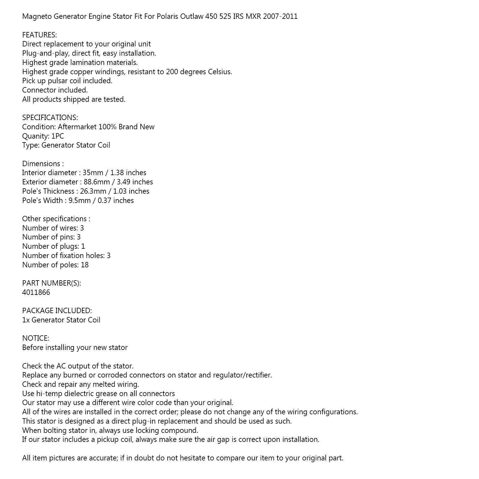 STATOR GENERATOR ALTERNATOR Geschikt voor Polaris Outlaw 450s & 525 07-11 ATV 4011866