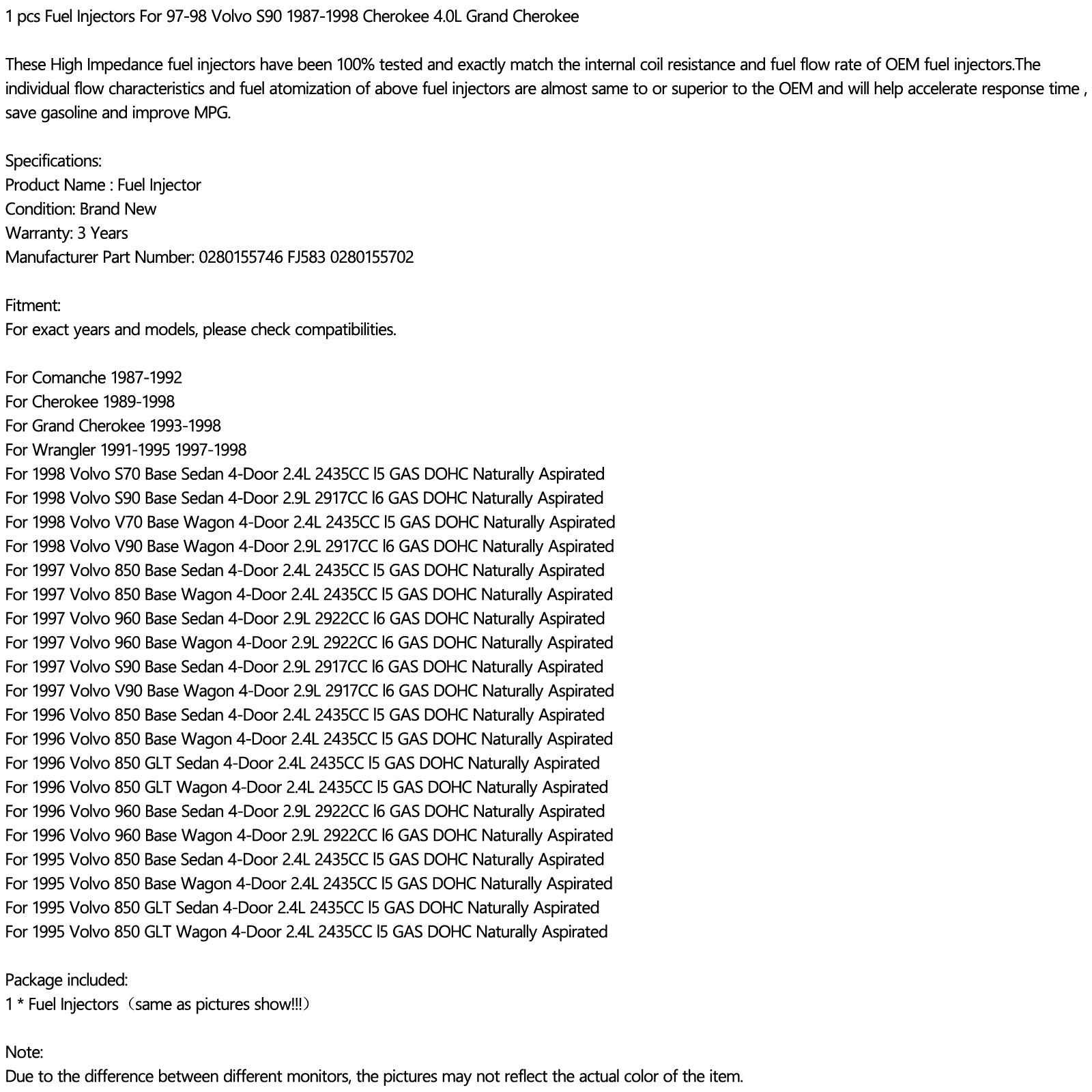 FJ583 0280155746 1KS Injektory paliva Fit 97-98 Volvo S90 1987-1998 Cherokee 4.0l Grand Cherokee 0280155702 Generic