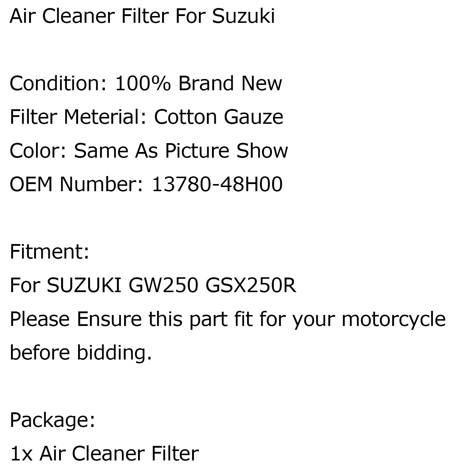 Suzuki GW250 GSX250R Högflödesutbytesrengöringselement 13780-48H00 Generisk