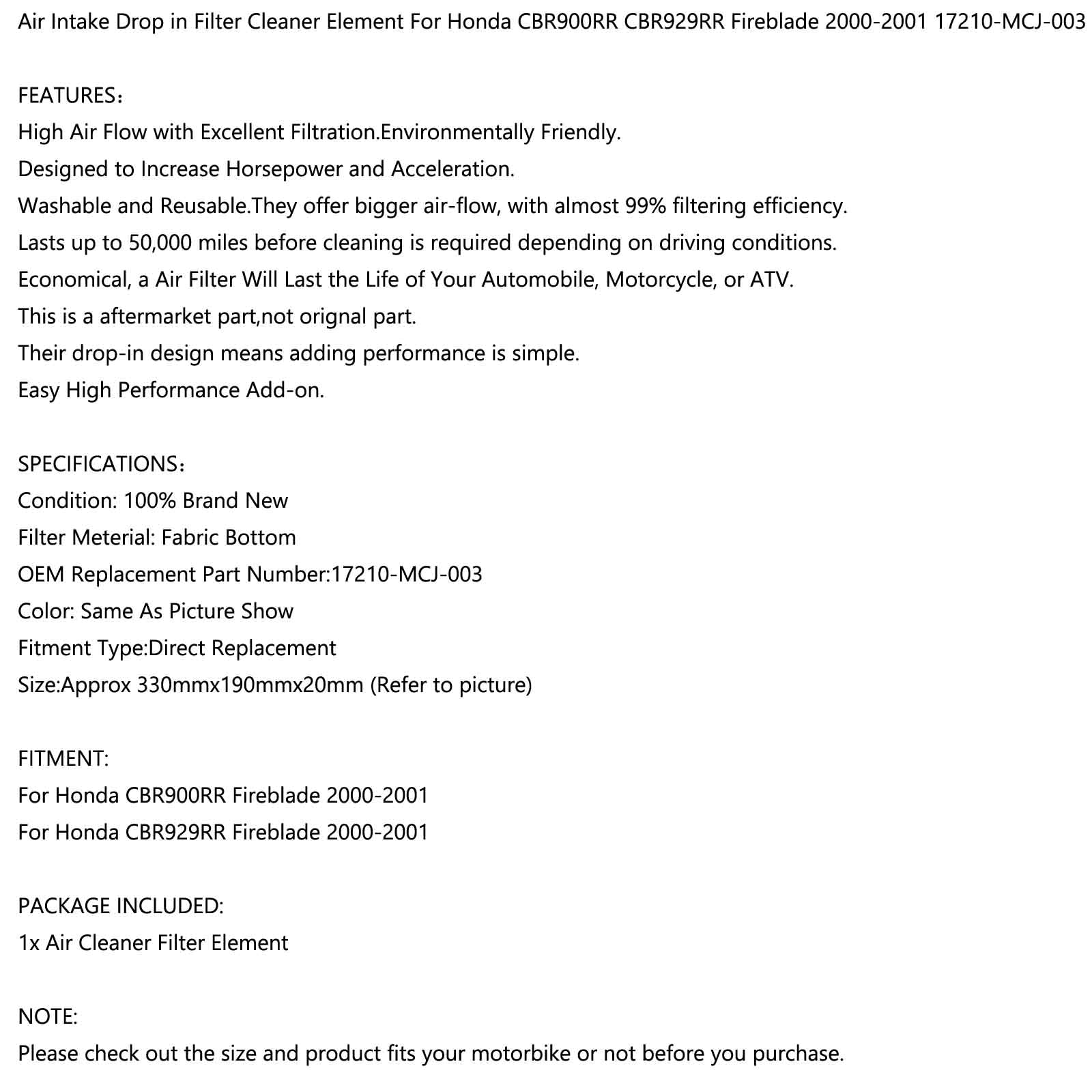 Luchtfilterreiniger voor Honda CBR900RR CBR929RR Fireblade 2000-2001 17210-MCJ-003 Generiek