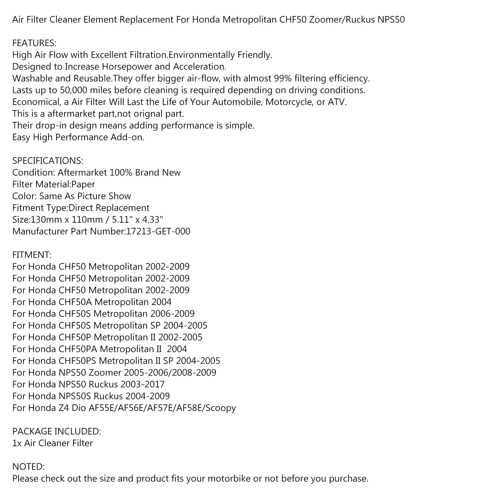 Nettoyer de filtre à air pour Honda Ruckus 50 NPS50 Metropolitan 50 CHF50 2002-2017 générique
