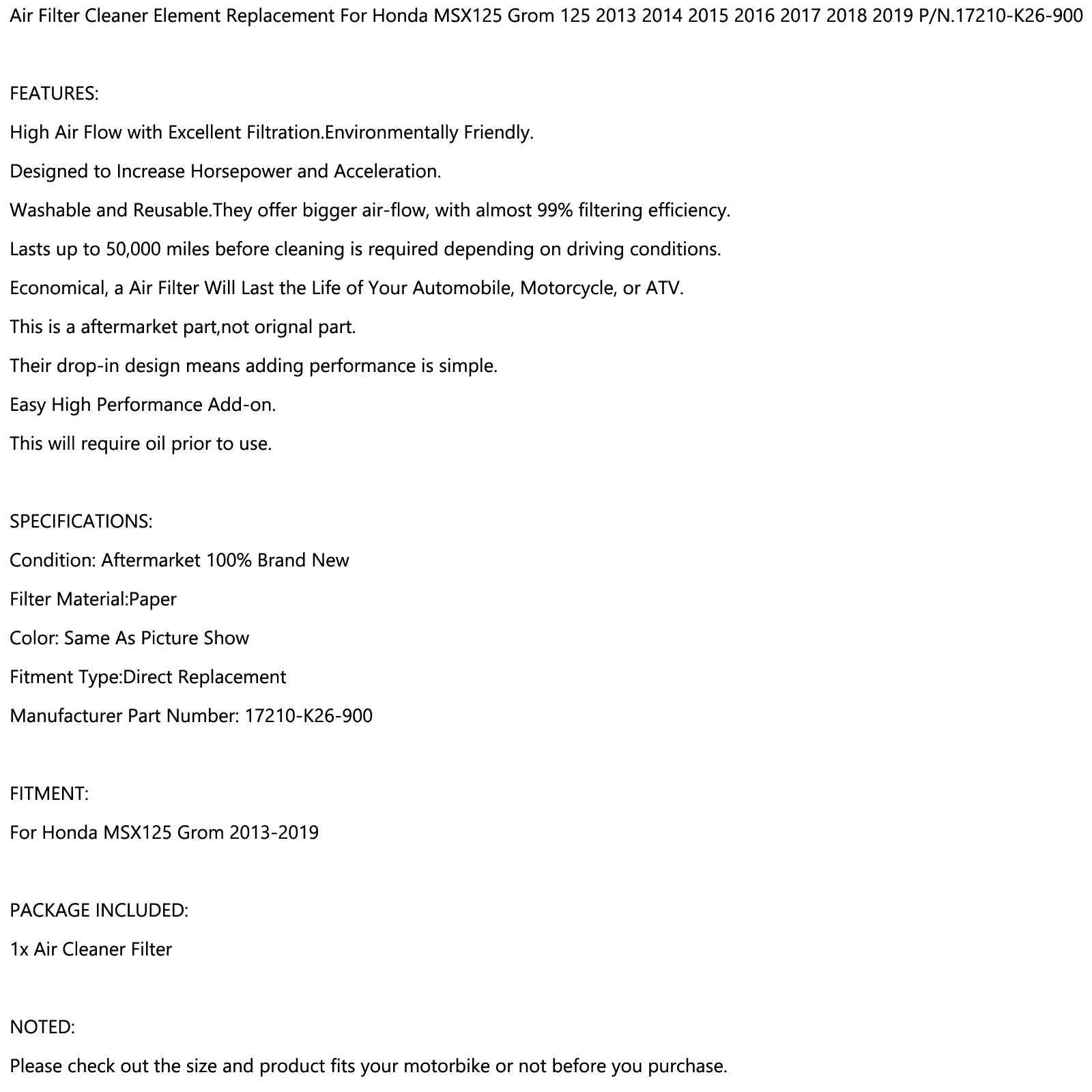 Elemento de limpador de filtro de ar para Honda MSX125 GROM 125 2013-2019 P/N.17210-K26-900 genérico