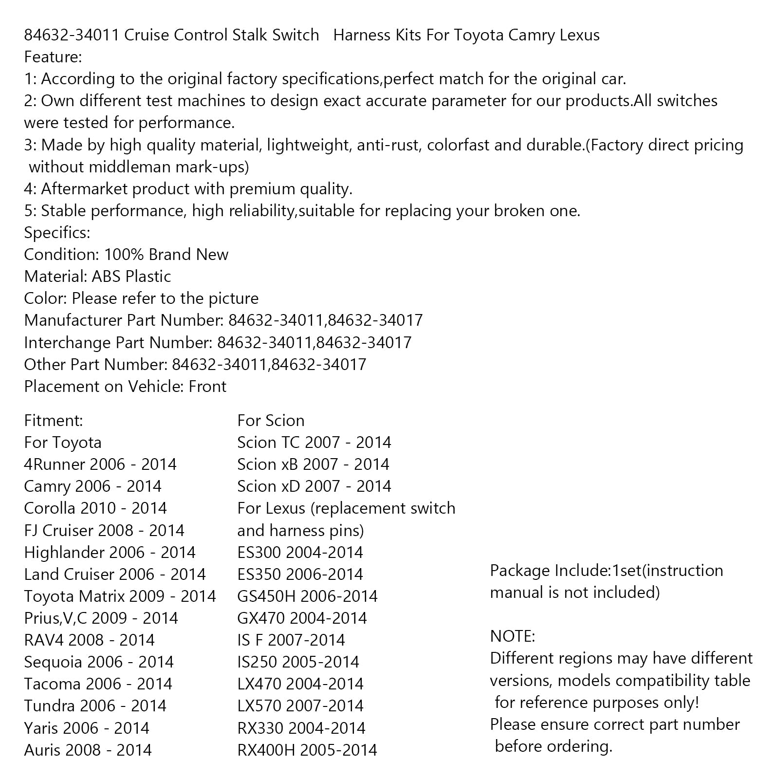 84632-34011 súpravy postrojov pre spínač Cruise Control Switch pre Toyota Camry Lexus Generic