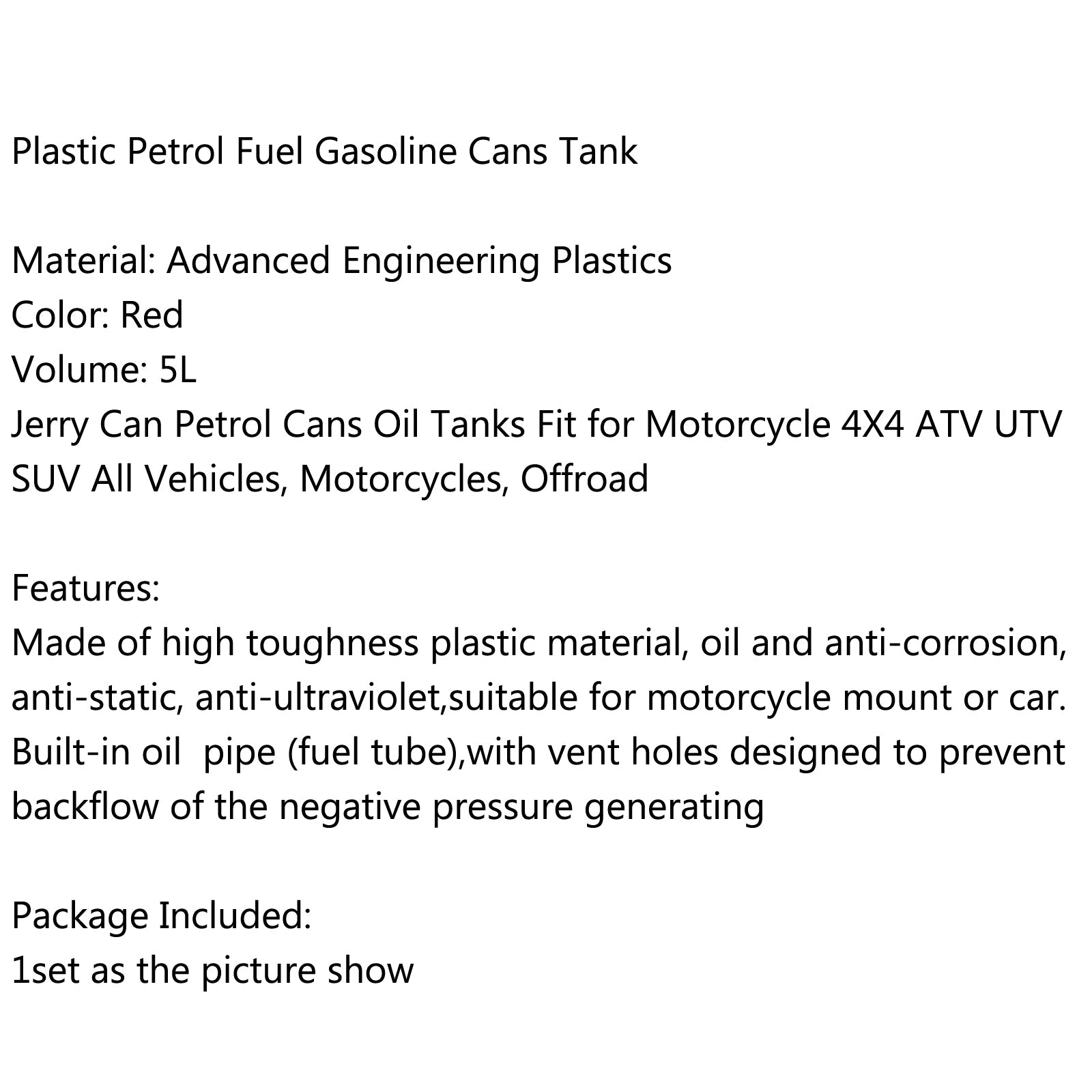 5L Plastic Jerry Cans Gas Diesel Fuel Tank w/ Lock SUV ATV Scooter Motorcykel