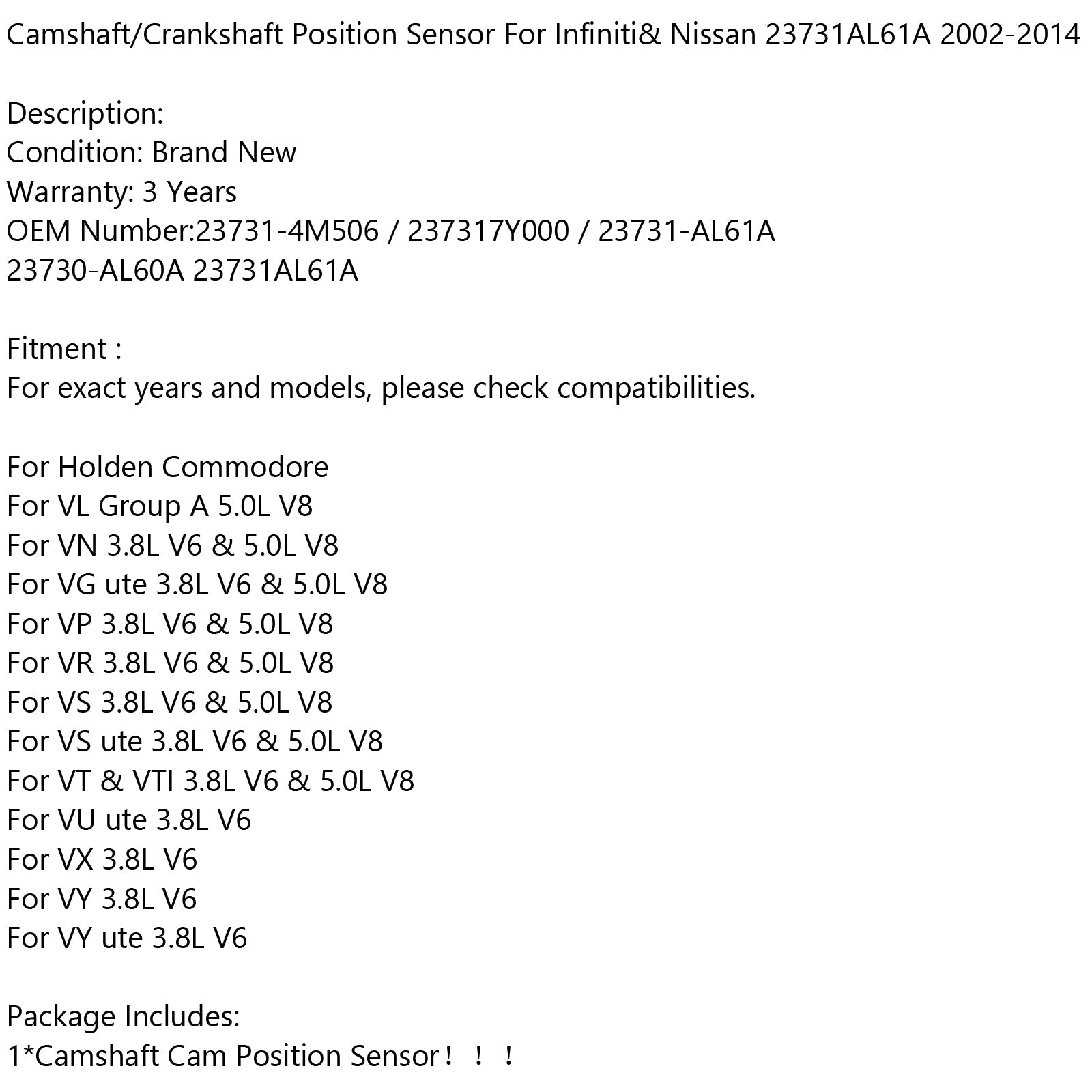 Sensor de posição do eixo de comando/virabrequim para Infiniti& Nissan 23731AL61A 2002-2014 Genérico