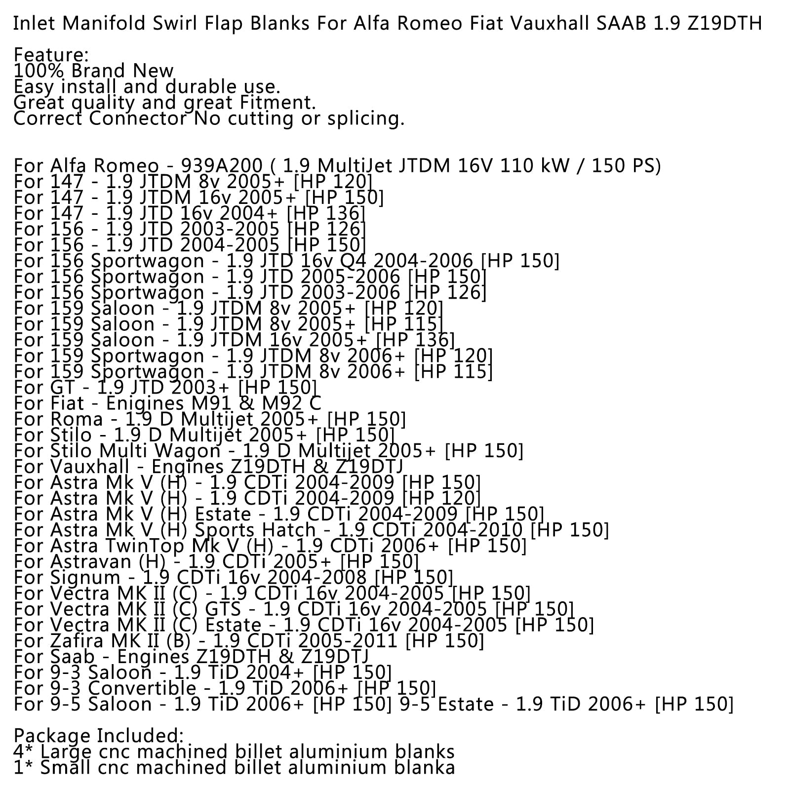 Vauxhall Opel para Astra Vectra Zafira colector de admisión Swirl Flap Blanks genérico