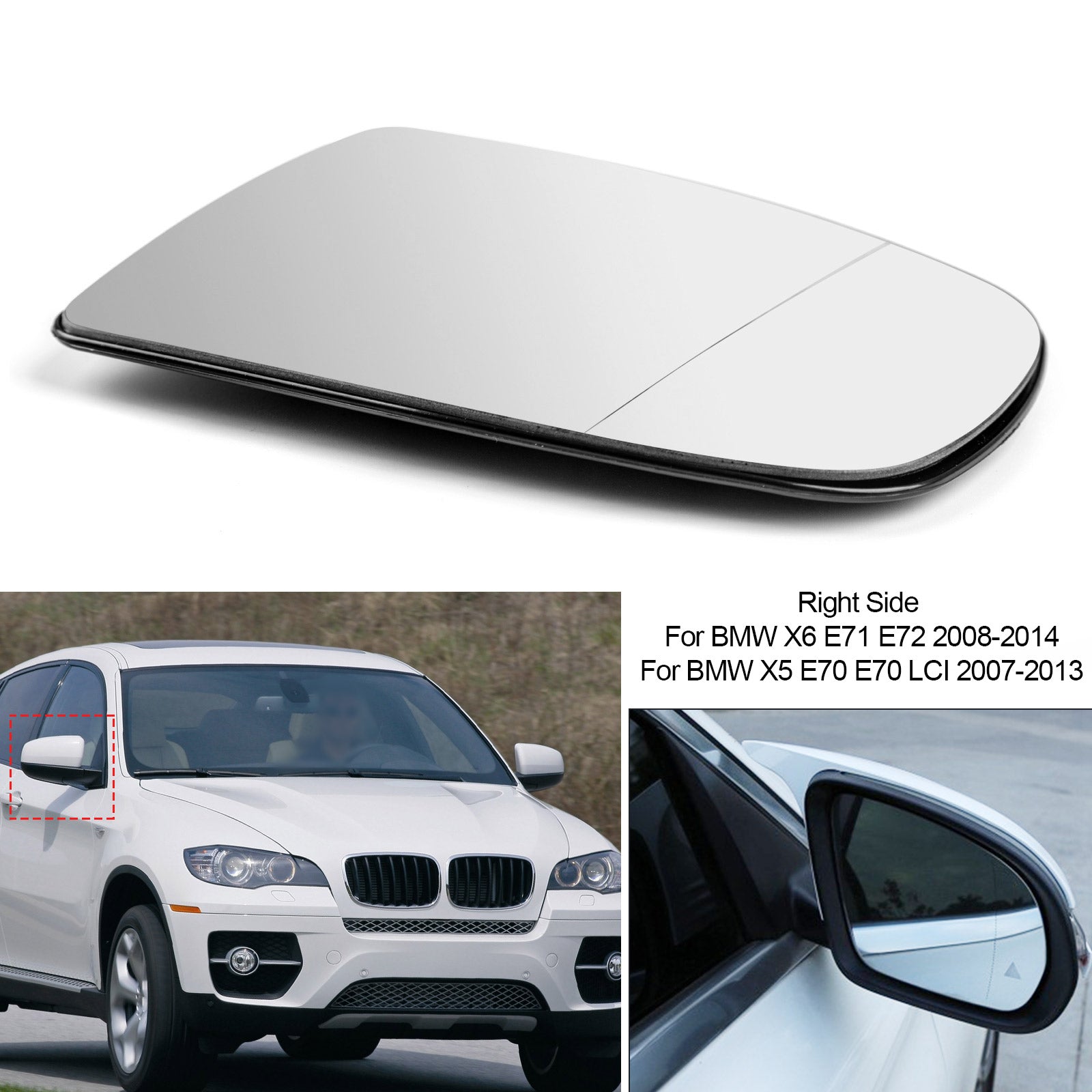 Espelho lateral da asa aquecida à direita Vidro branco para BMW x5 x6 e70 e71 e72 2008-2014 genérico