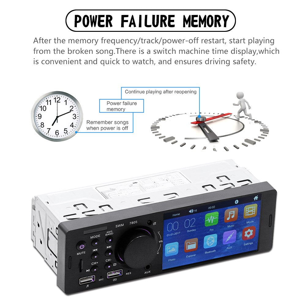 4.1" Reprodutor MP5 DIN único para carro, tela sensível ao toque, rádio FM estéreo, Bluetooth + câmera