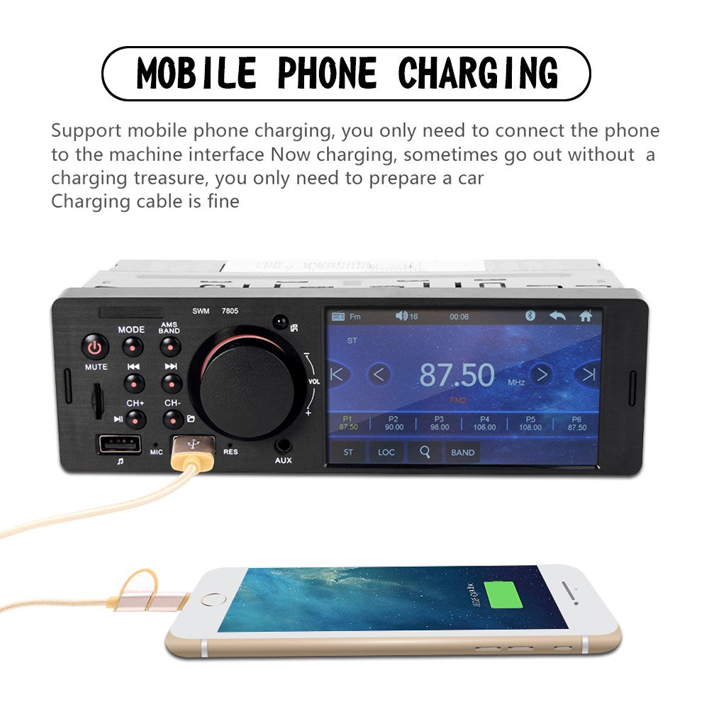 4.1" Reprodutor MP5 DIN único para carro, tela sensível ao toque, rádio FM estéreo, Bluetooth + câmera