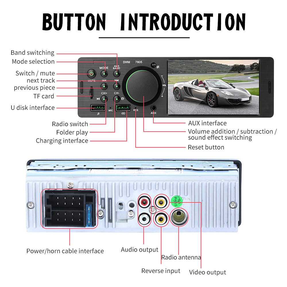 4.1" Reprodutor MP5 DIN único para carro, tela sensível ao toque, rádio FM estéreo, Bluetooth + câmera