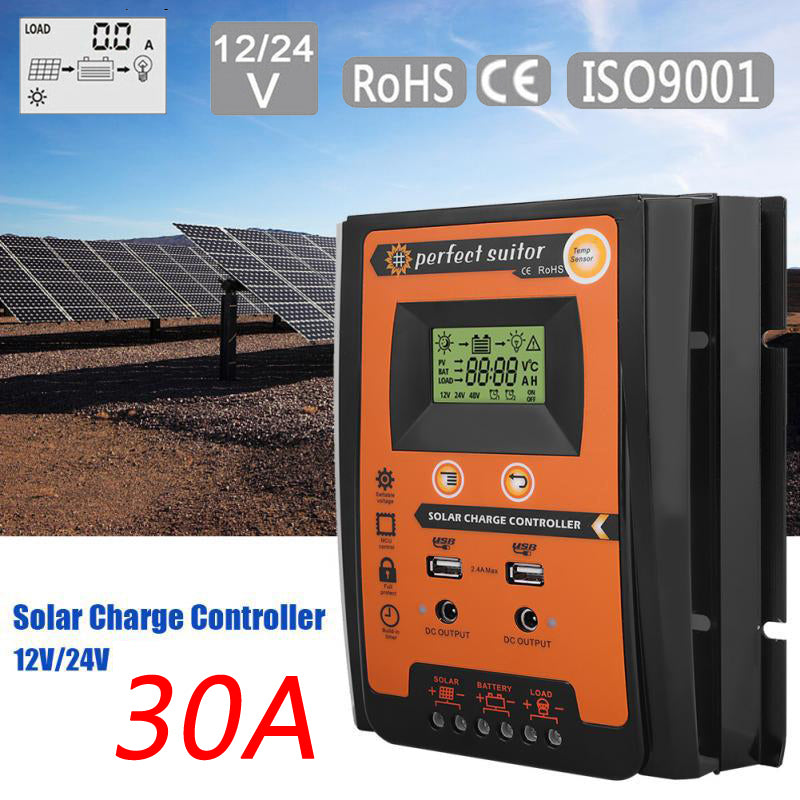 Régulateur 30A 12V-24V, contrôleur de chargeur de panneau solaire, double USB