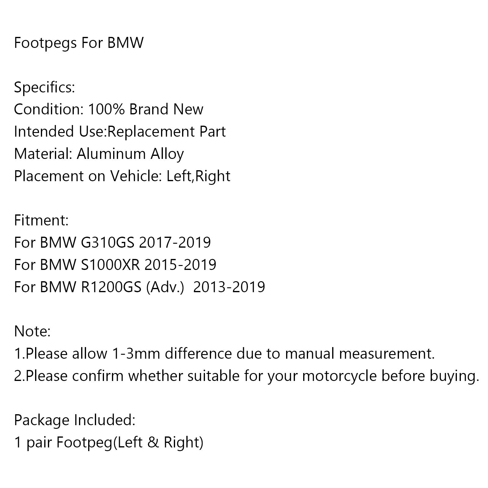 CNC Foot Pegs Footstöd för BMW G310GS 17-19 S1000XR 15-19 R1200GS (Adv.) 13-19 Generic