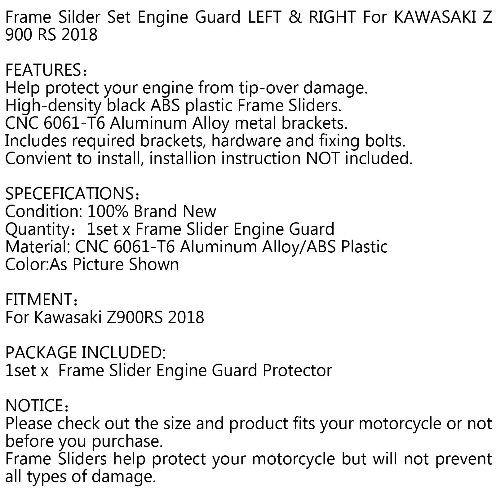 Deslizador de marco SET Protector de protección del motor IZQUIERDO & DERECHO Para Kawasaki Z 900 RS 2018 Genérico