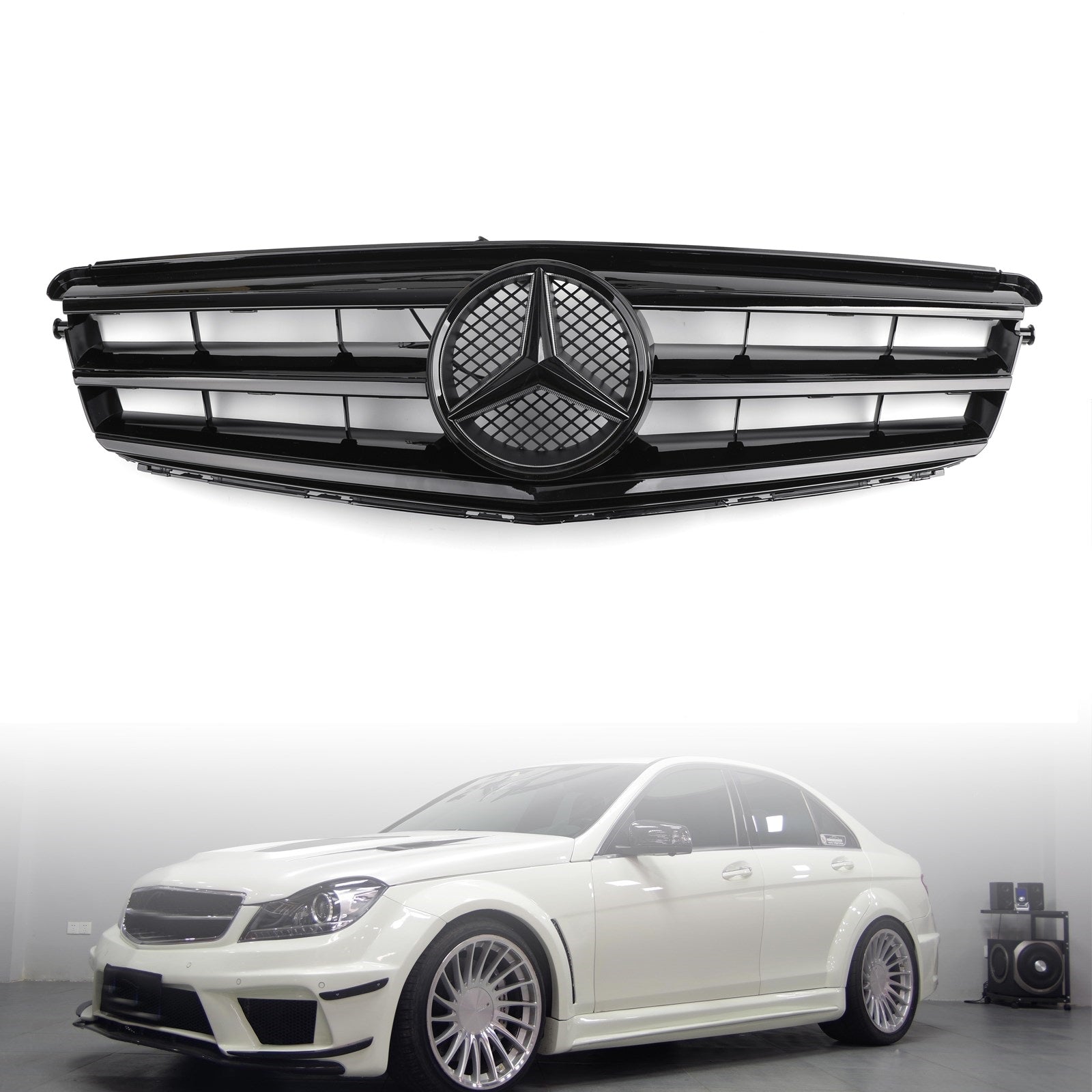 Benz Classe C 2008-2014 W204 Grille de pare-chocs avant noire générique avec emblème LED C300/C350