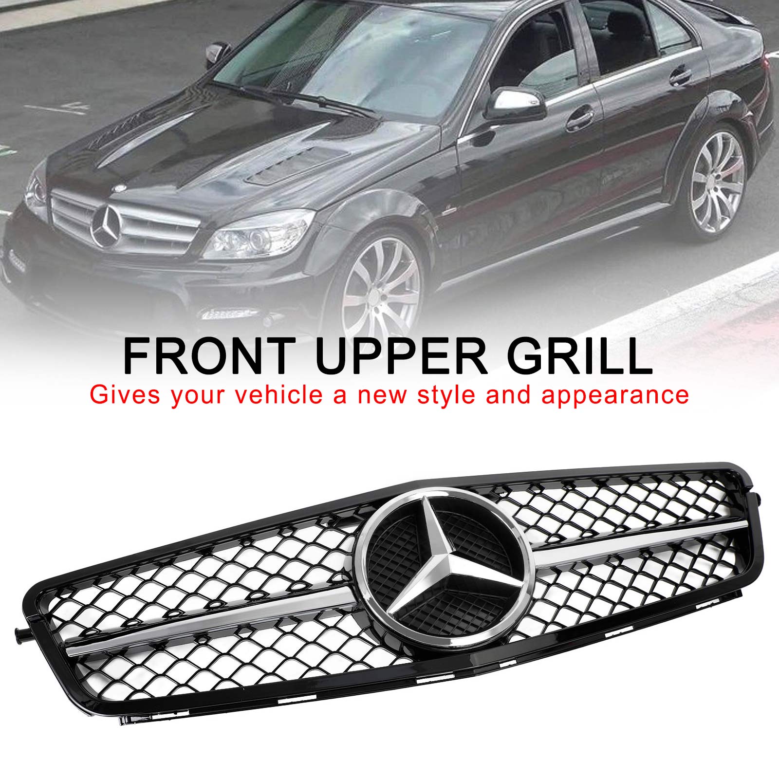 2008-2014 W204 C-Klass BENZ ABS Glanssvart Krom Främre Stötfångargrill Generisk