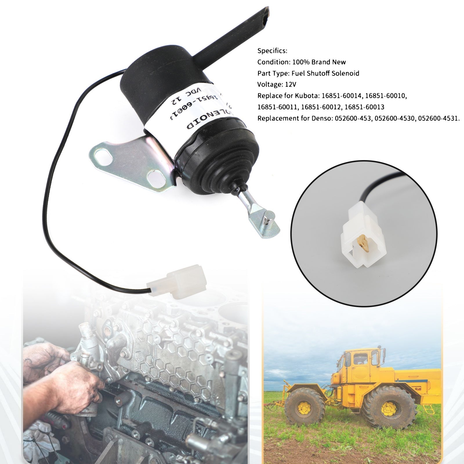 12V Fuel Stäng av solenoid för Kubota BX2230D RTV900R RTV900T 052600-453 16851-60014