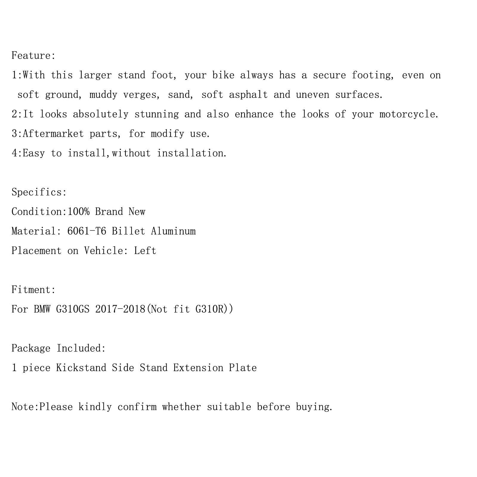 CNC Kickstand Side Plate Stand Extension Pad for BMW G310gs 2017-18 Generic