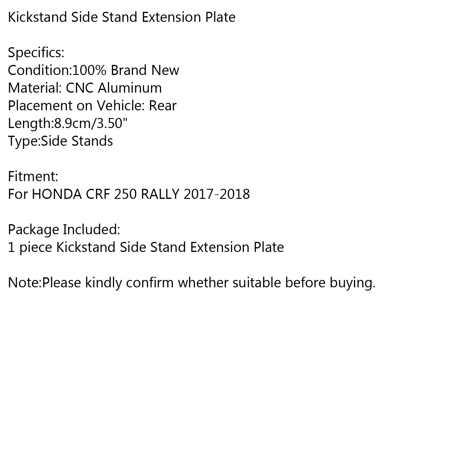 1x Kickstand Sidestand Stand Extension förstorare pad för Honda CRF250 Rally 17-19 Generic
