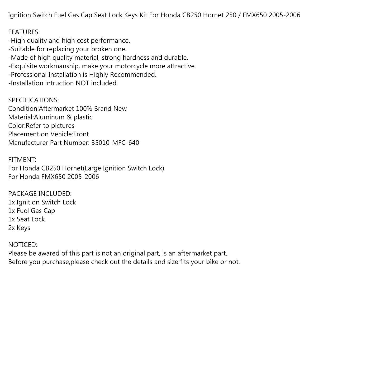 Ignition Switch Fuel Gas Cap Seat Lock Keys for Honda CB600F CB250 Hornet 98-02 Generisk