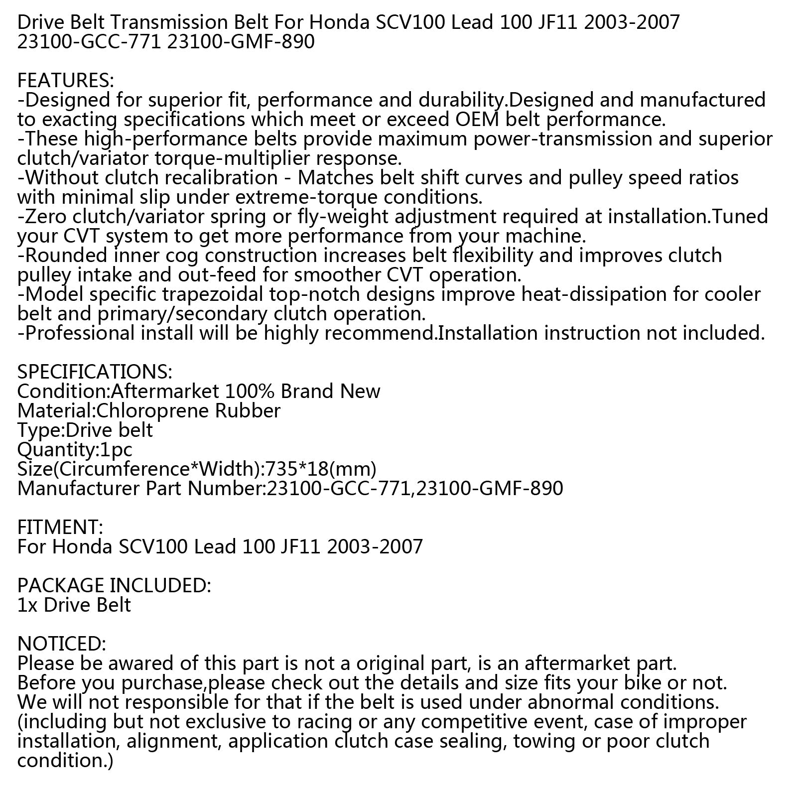 Courroie d'entraînement 735oC x 18W pour Honda SCV 100 Lead JF11 03-07 Scooter 23100-GCC-771 Générique