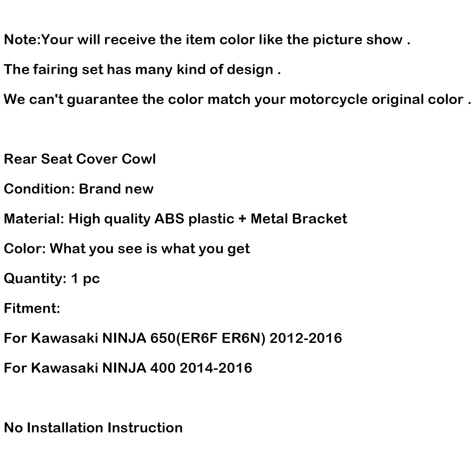 Bakre PALGER PASSENGER SEAT COVER COLL FÖR KAWASAKI NINJA 650 ER6F ER6N 400 GENERISKA