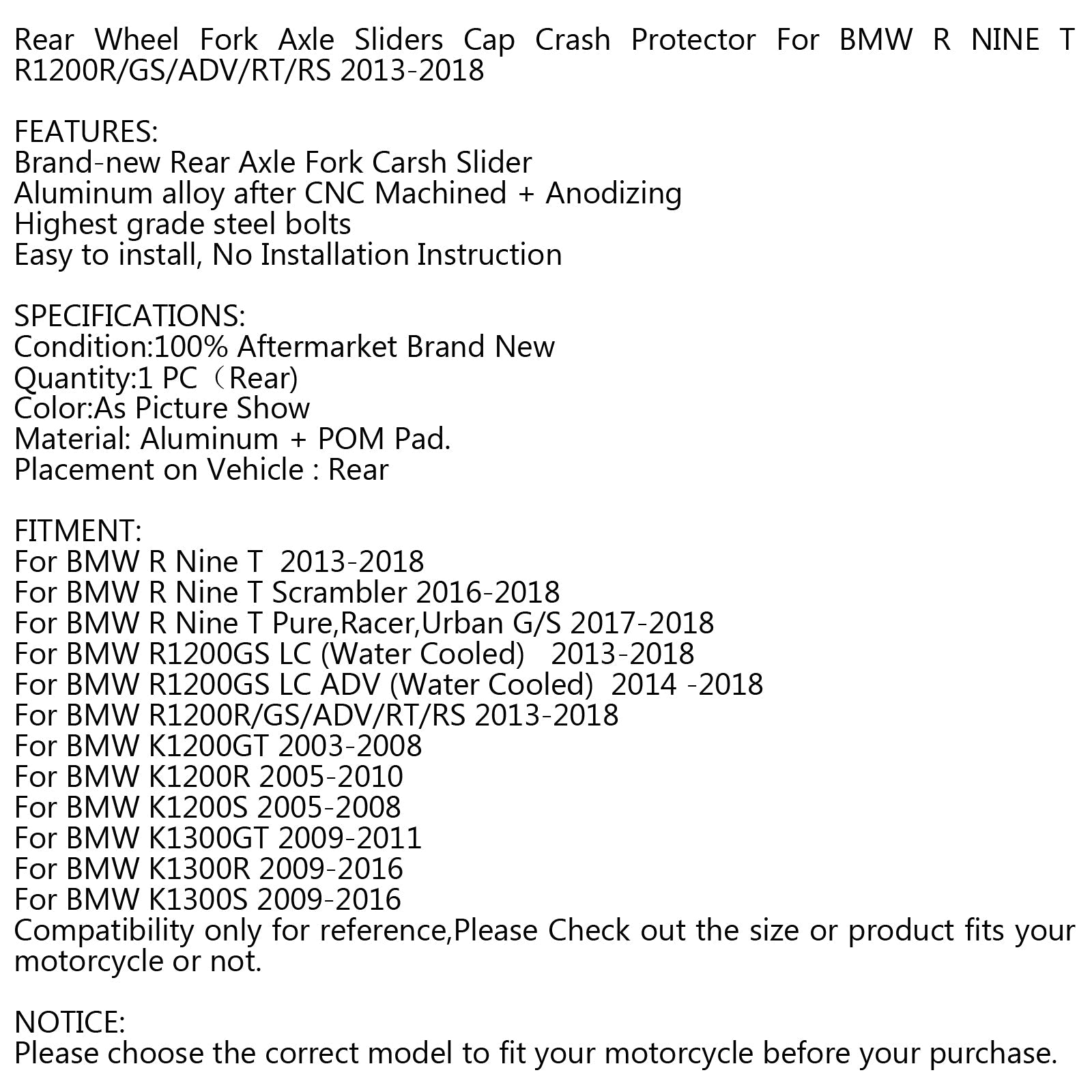 Presúvačky zadného kolesa Kĺbové posúvače Cap Cap Crash Ochran pre BMW R1200GS LC Adv 13-2018 Generic