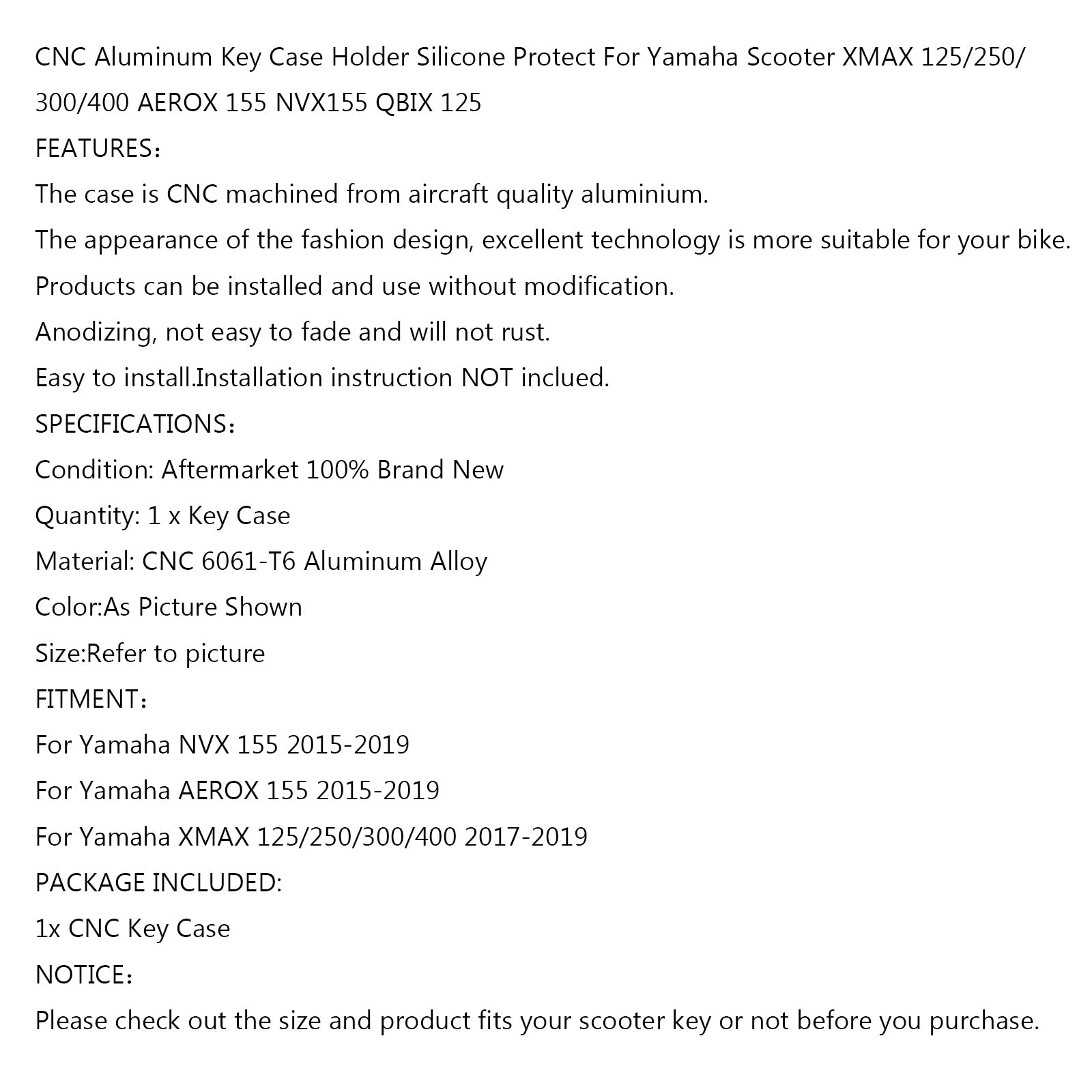 CNC sleutelhanger sleutel Case Afstandsbediening Tas Voor Yamaha Scooter XMAX 125/250/300/400 Generieke