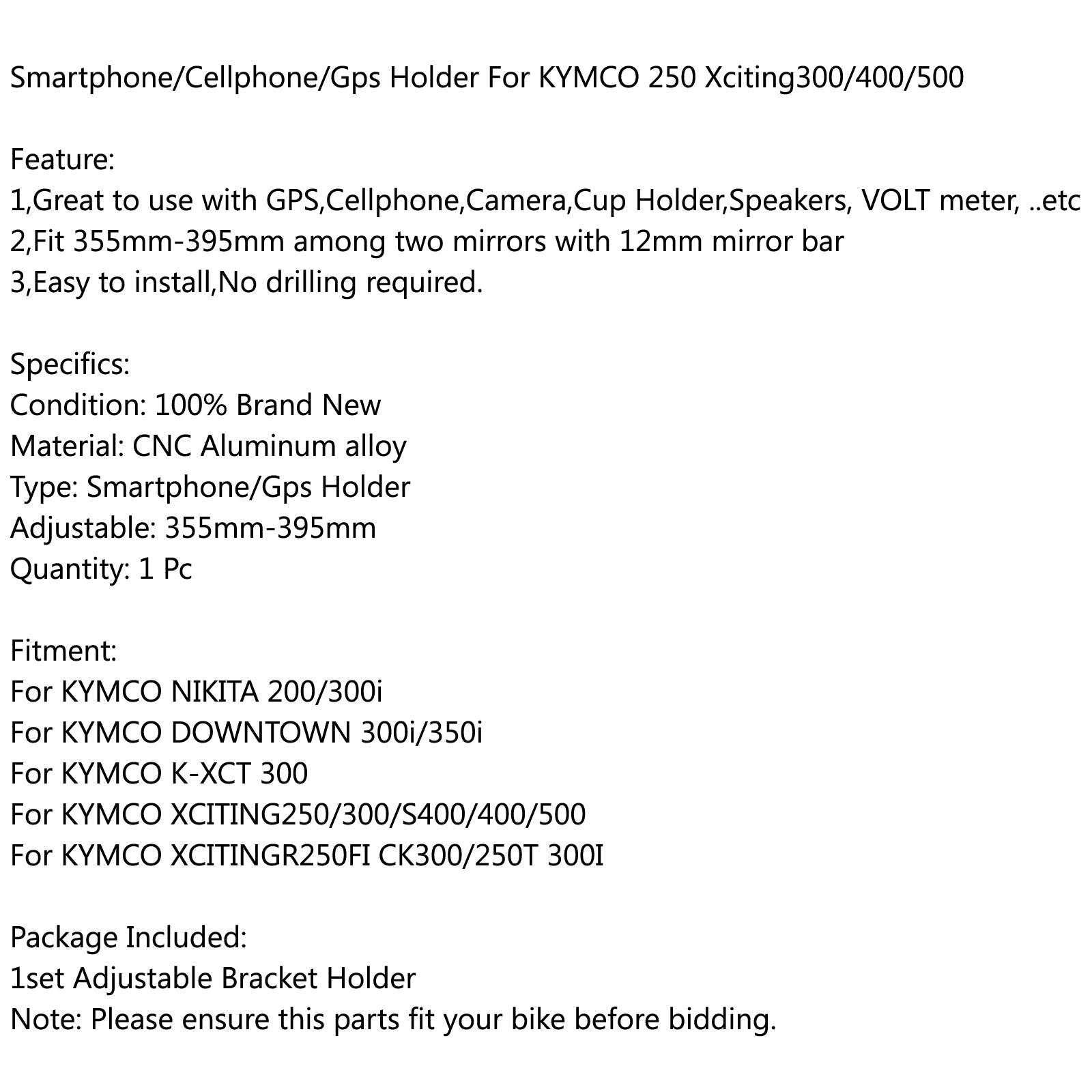 Justerbar smartphone/mobiltelefon/GPS -hållare för Kymco 250 XCiting300/400/500 Generic